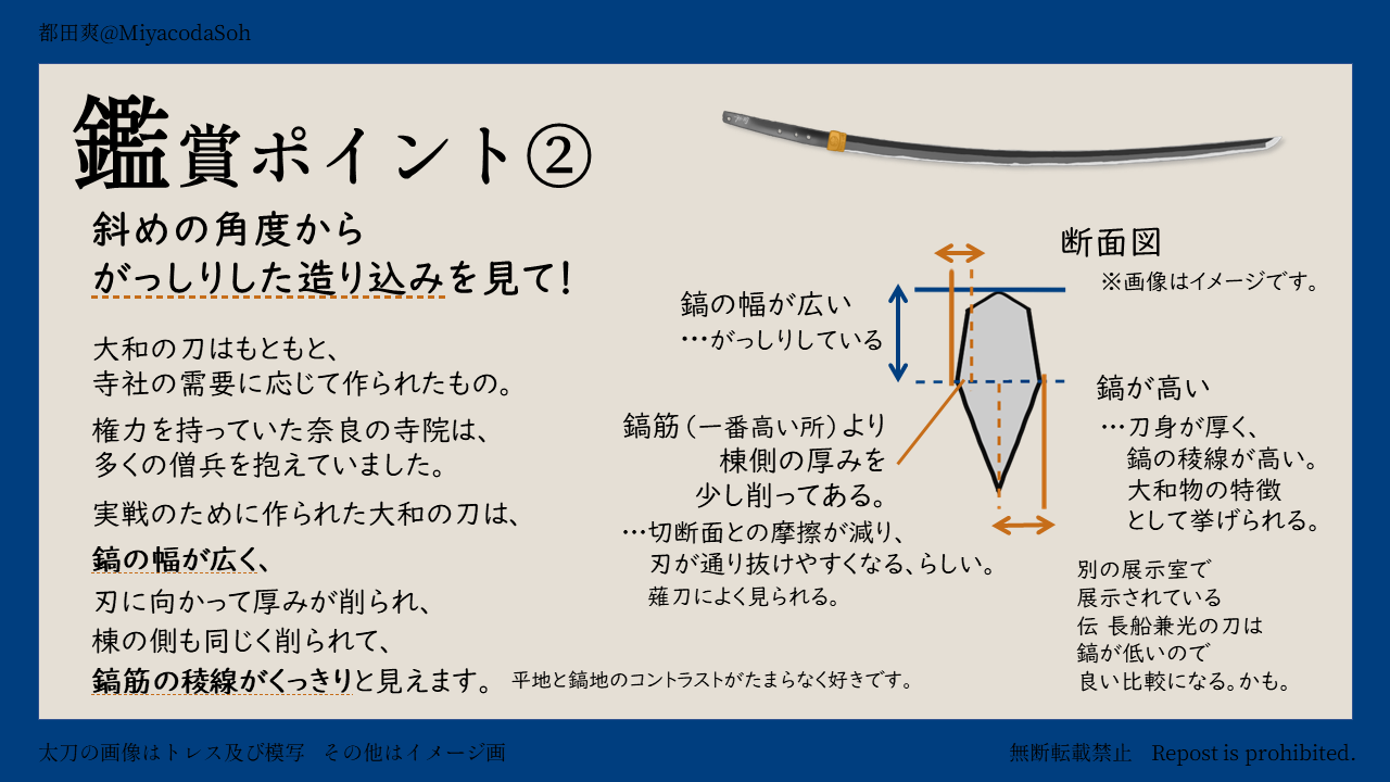 鑑賞ポイント② 姿の特徴。実戦向きのがっしりした姿をしている。華やかさはあまりない。