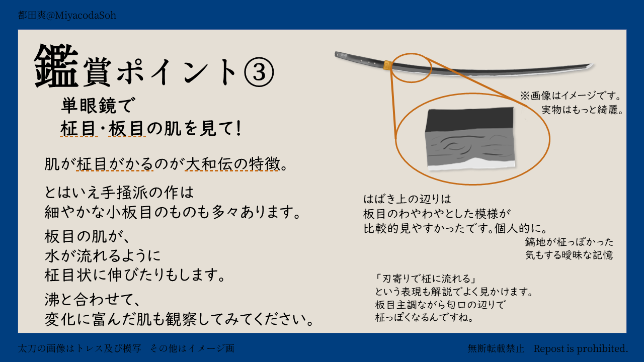 鑑賞ポイント③ 地鉄の肌。大和伝の特徴である柾目、柾調に流れる板目が見どころ。